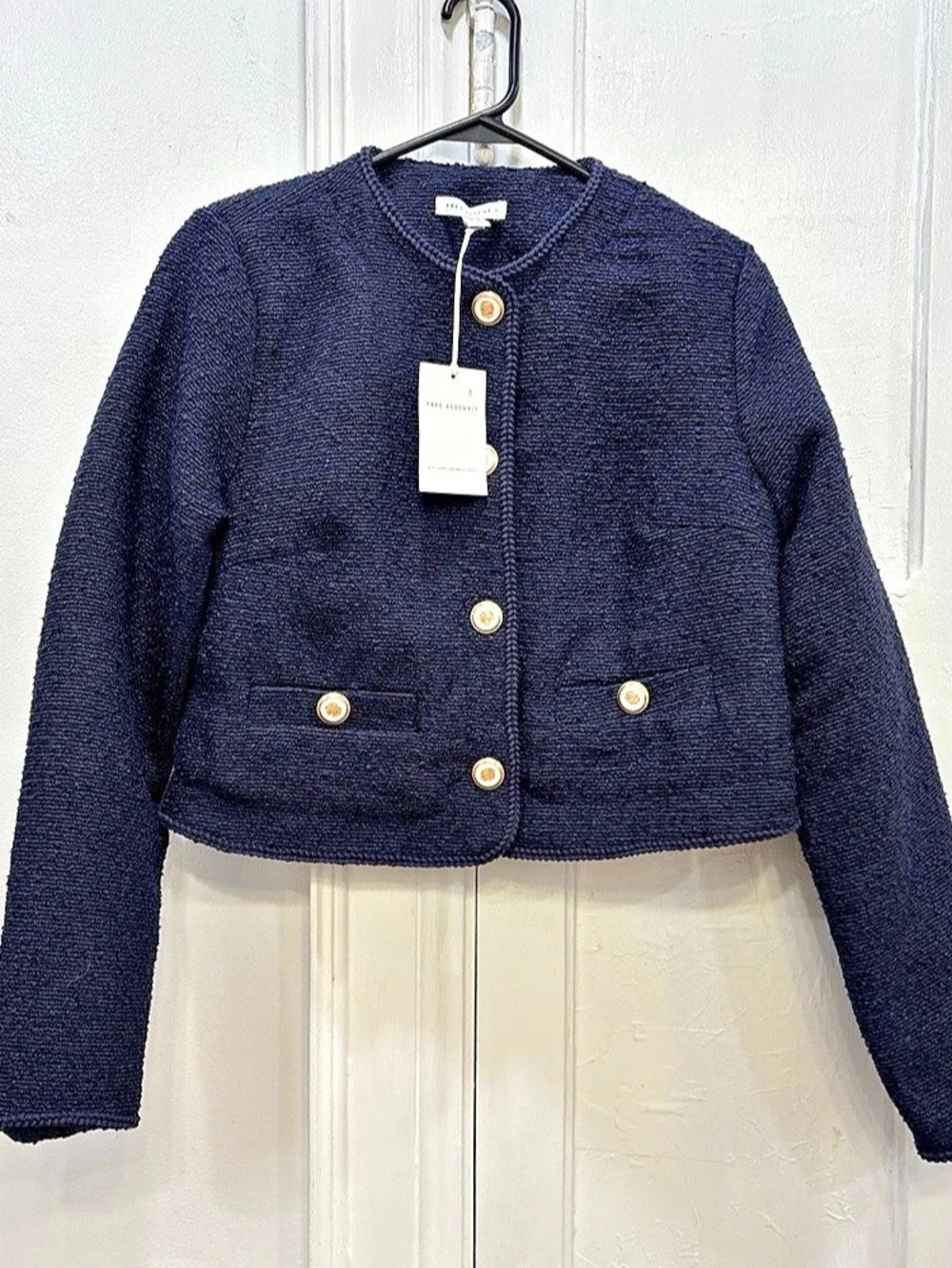 NWT Free Assembly Collarless Jacket Navy Women SZ XS (0-2) Snap Buttons W/Rose